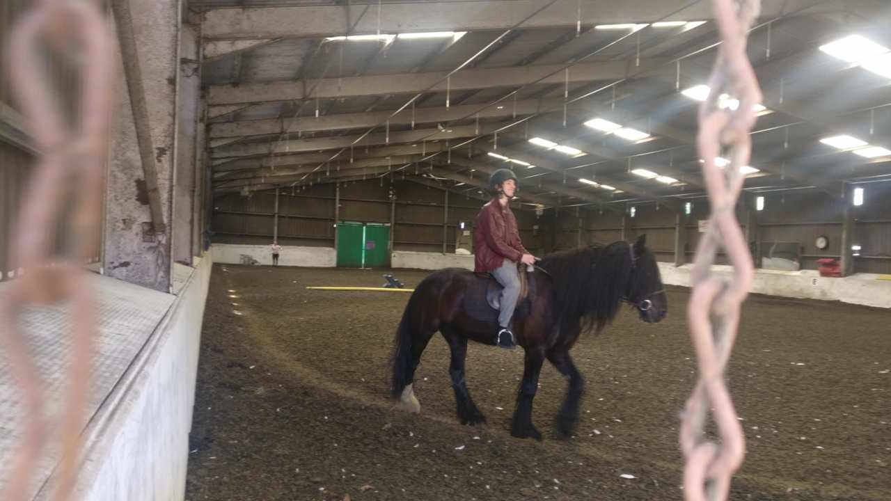 A man riding a horse in a barn